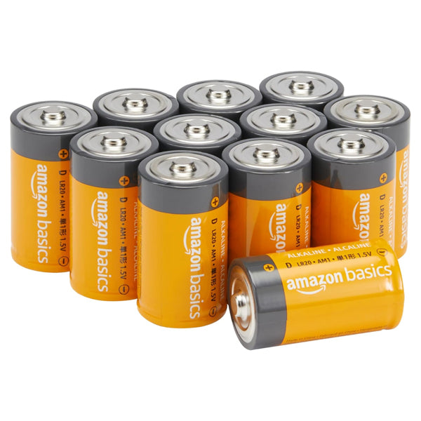 A set of twelve Amazon Basics D Cell 1.5V Alkaline All-Purpose Batteries, with one battery placed in front showing its label, known for reliability and lasting performance.